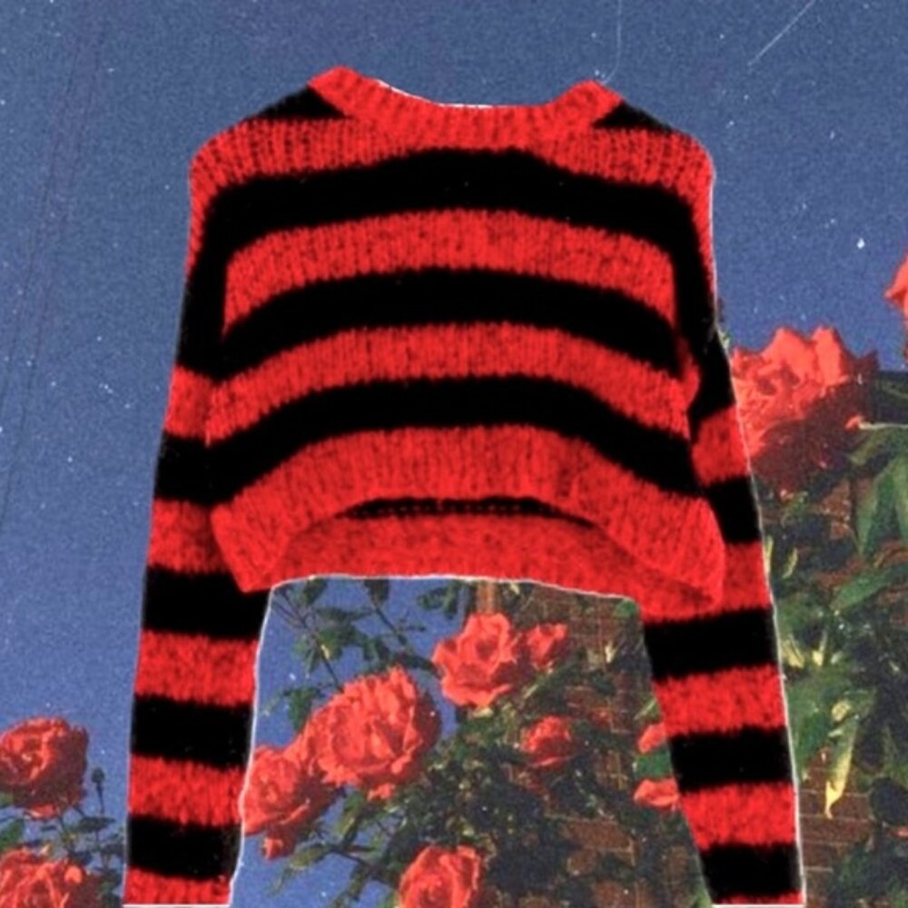 Zara Wool Blend Striped Red And Black Women's Crop Knit Sweater